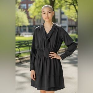 NWT WHBM Beaded Smocked Blouson Dress Black Mini Tiered Ruffle - Small